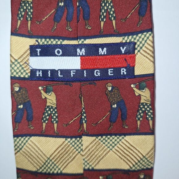 Tommy Hilfiger Golf Tie 100% Italian Silk 59"x4" Burgundy Tan Excellent Cond - Picture 5 of 5